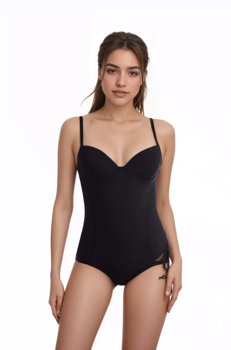 Qinelle Black molded-cup adjustable-strap shaping bodysuit full-length front view with molded cups