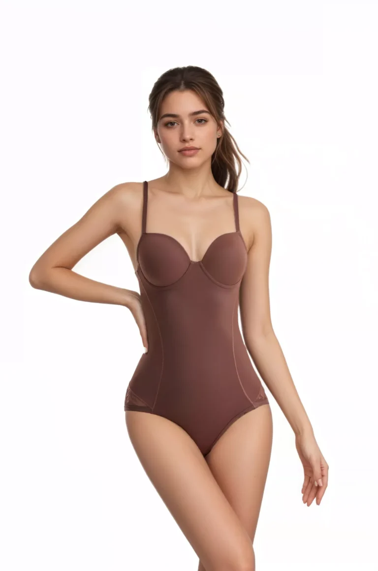 Qinelle Coffee molded-cup adjustable-strap shaping bodysuit full-length front view with molded cups