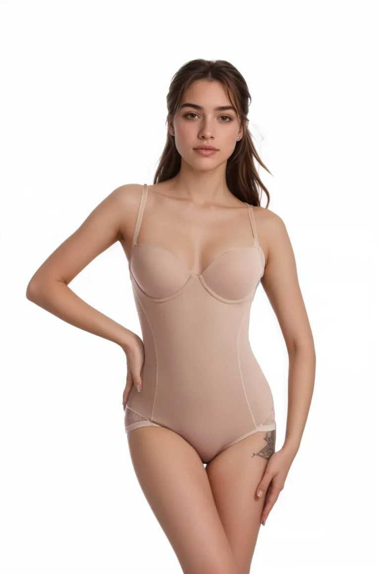 Qinelle Skin Color molded-cup adjustable-strap shaping bodysuit full-length front view with molded cups