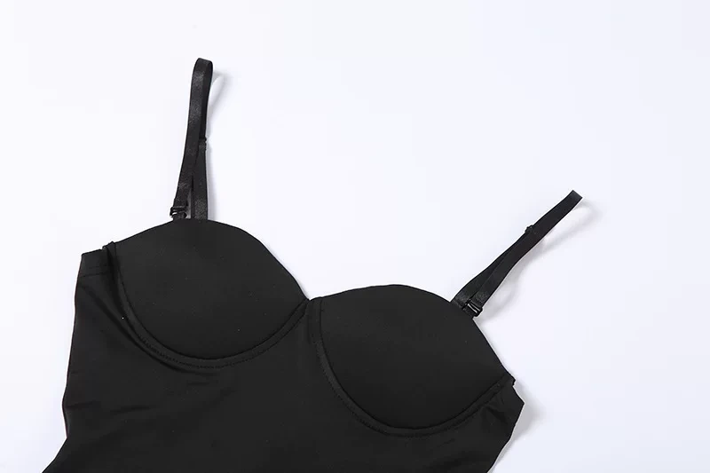 Qinelle black mid-thigh shaping bodysuit built-in bra flat lay