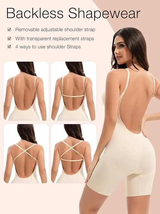 Qinelle mid-thigh shaping bodysuit original backless and strap configuration view