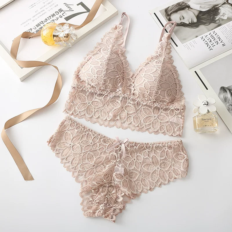 Qinelle light neutral lace bralette and brief flat-lay