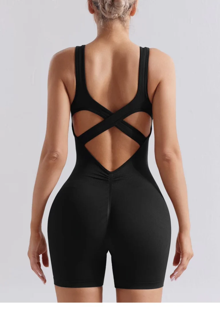 Qinelle black mid-thigh tank bodysuit straight back view with cross-back straps
