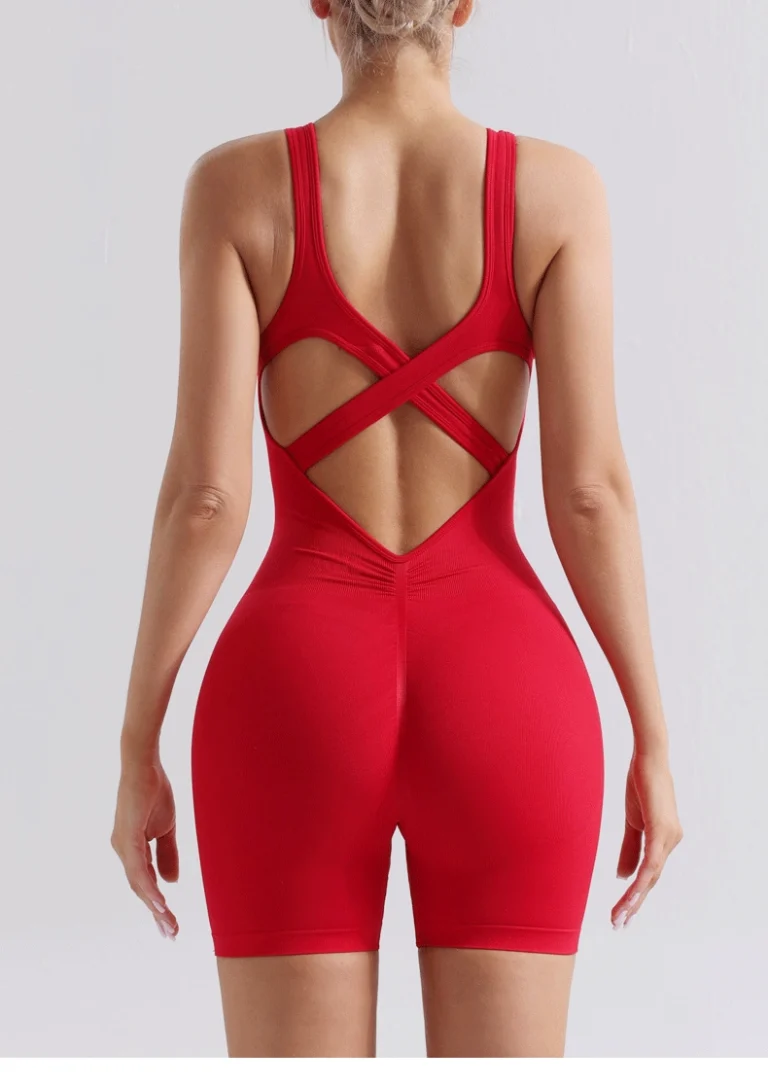 Qinelle red mid-thigh tank bodysuit straight back view with cross-back straps