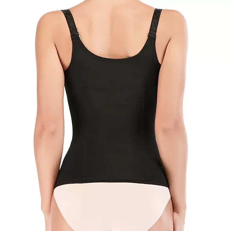 Qinelle black open-bust waist trainer vest back view with longline torso coverage