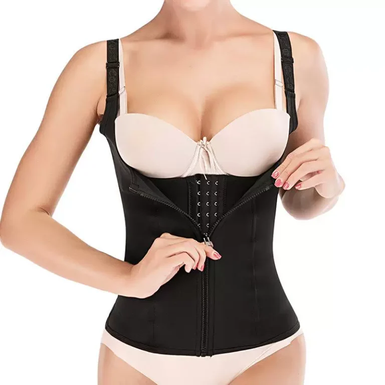 Qinelle black open-bust zip-front waist trainer vest showing inner hook rows and outer zipper