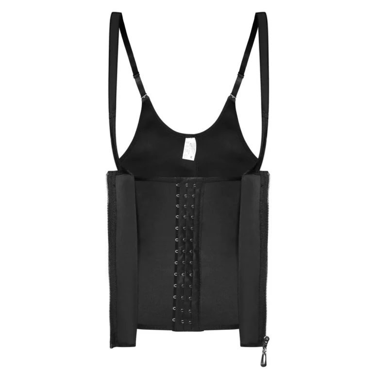 Qinelle black waist trainer vest opened to show inner hook rows and outer zipper construction