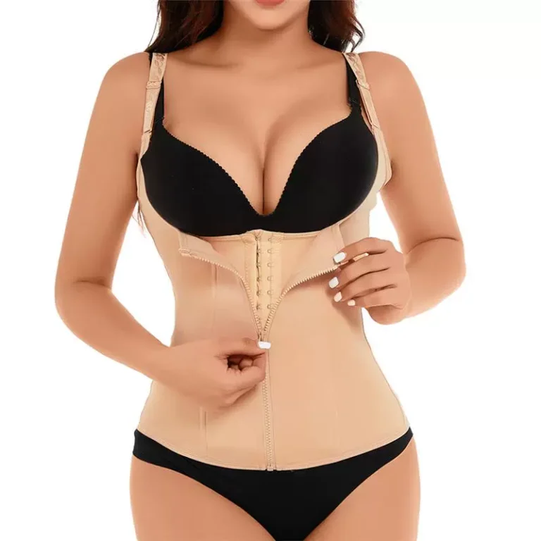 Qinelle nude open-bust waist trainer vest showing inner hook rows and outer zipper