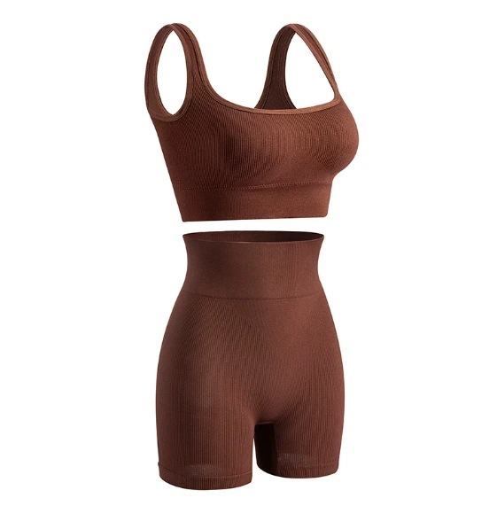 Qinelle coffee brown sports bra and high-waist shaping shorts set