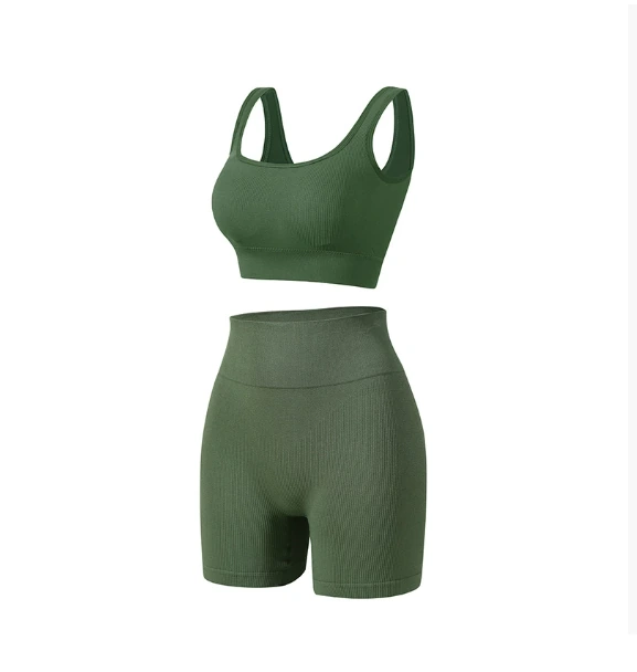 Qinelle military green sports bra and high-waist shaping shorts set