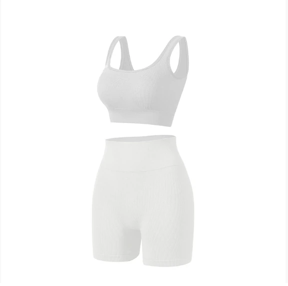 Qinelle white sports bra and high-waist shaping shorts set