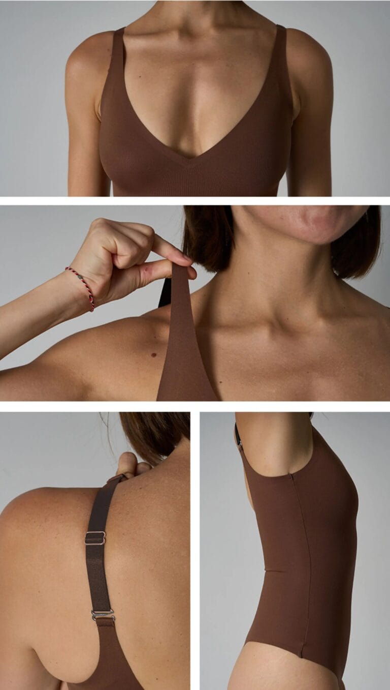 Brown seamless V-neck shaping bodysuit fit, stretch strap and side profile details