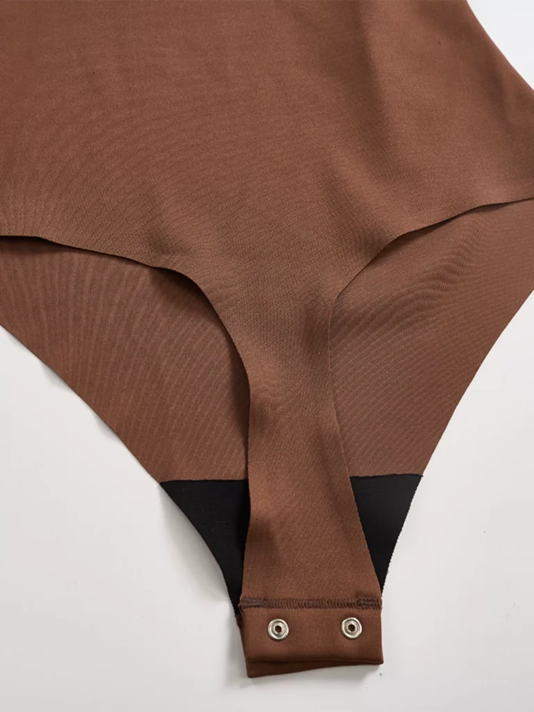 Brown seamless shaping bodysuit brief bottom and snap crotch closure detail