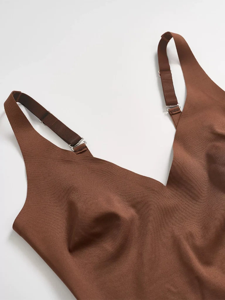 Brown seamless V-neck bodysuit bust shaping and adjustable strap detail