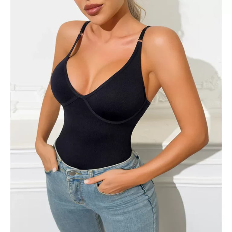Qinelle black seamless V-neck shaping bodysuit front detail with adjustable straps