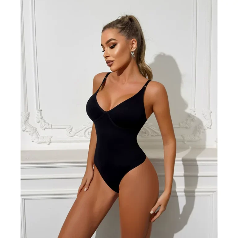 Qinelle black seamless V-neck shaping bodysuit full front view