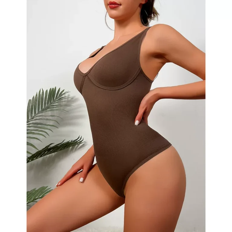 Qinelle brown seamless V-neck shaping bodysuit side view