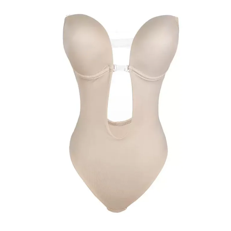 Qinelle nude deep-plunge molded-cup shaping bodysuit product front view