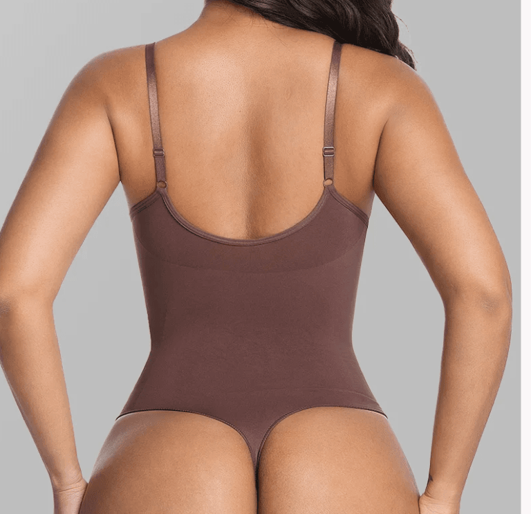 Close Brown back view showing adjustable straps smooth torso and thong coverage