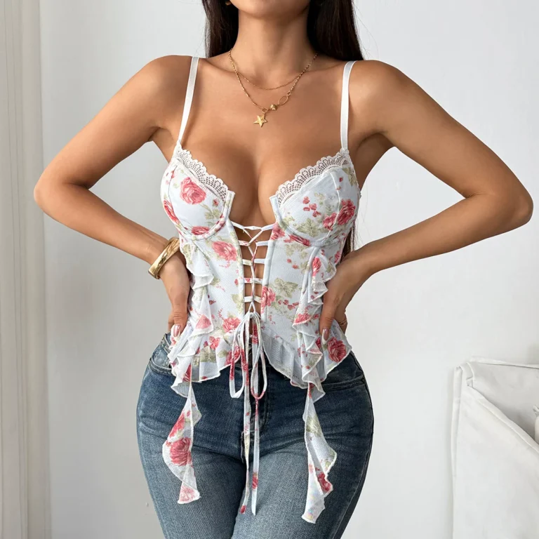 Apricot floral lace-up longline bustier straight view