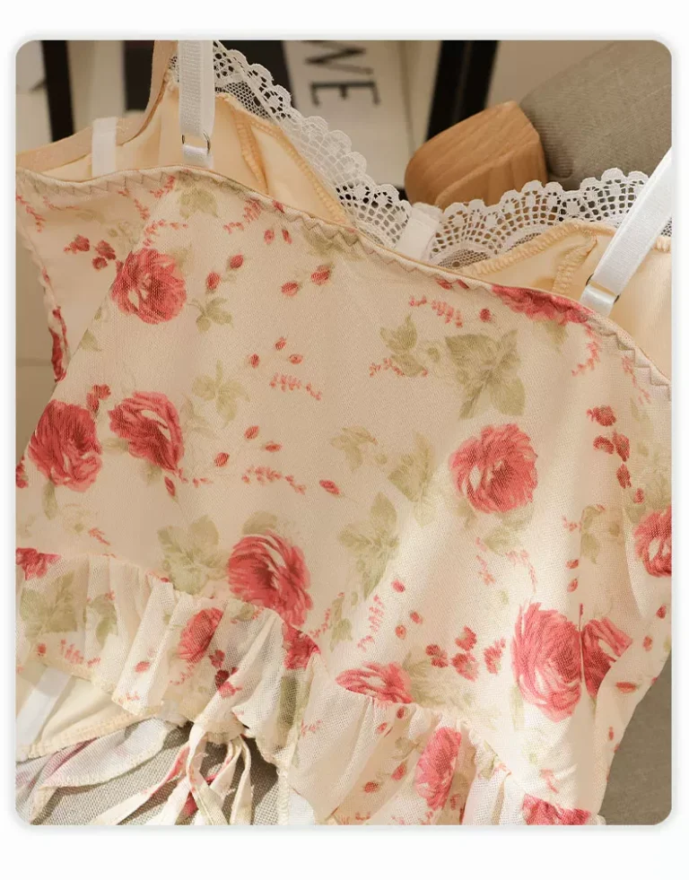 Apricot floral mesh back seam and ruffle detail