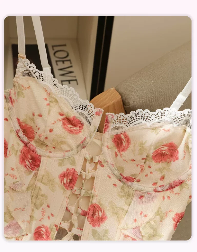 Apricot floral bustier shaped cups and lace neckline