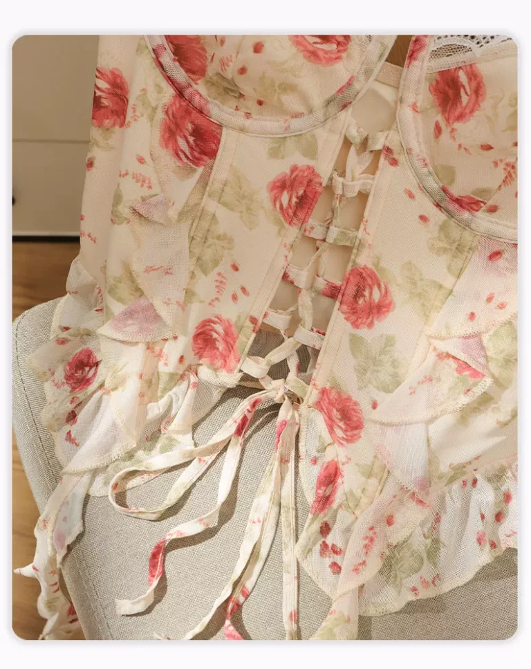 Apricot floral bustier front lacing and ruffle detail