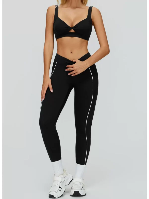 Black high-waist contrast-piping sculpting leggings full front view