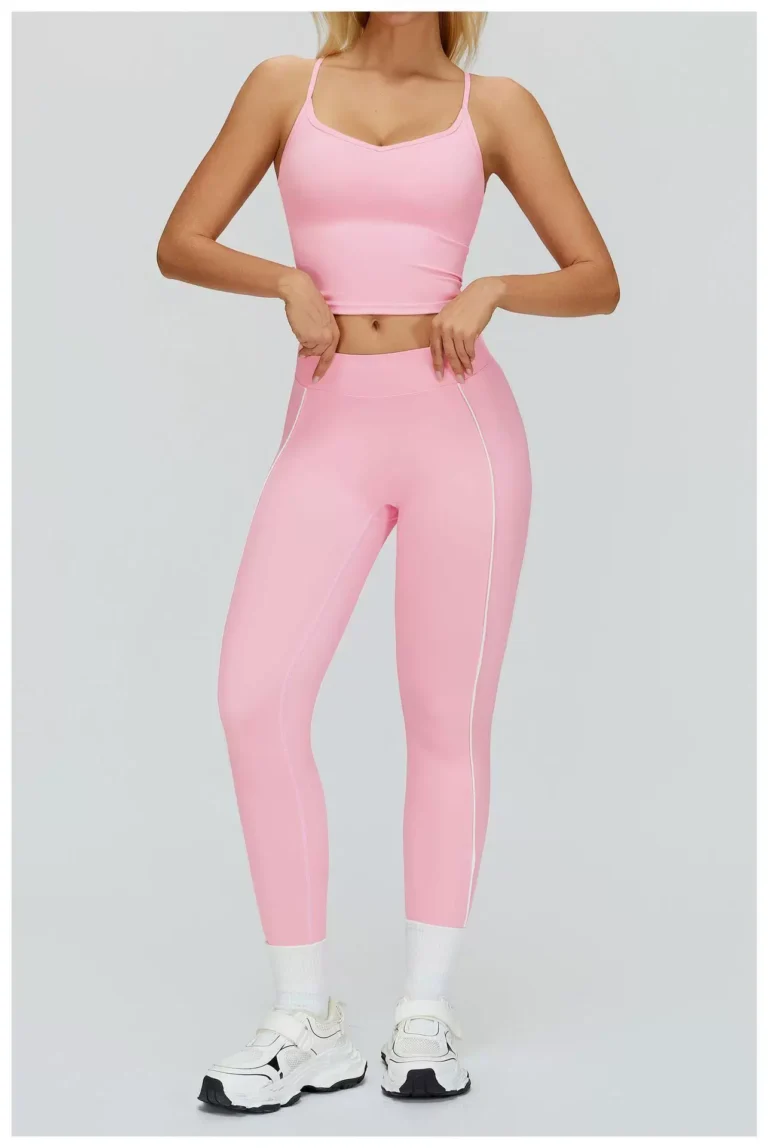 Cherry Blossom Pink high-waist contrast-piping leggings full front view