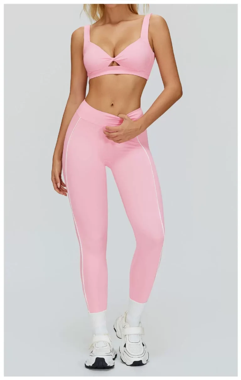 Cherry Blossom Pink high-waist contrast-piping leggings full outfit view