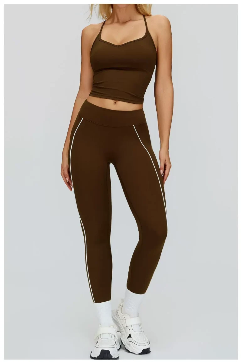 Coffee Brown high-waist contrast-piping leggings full front view