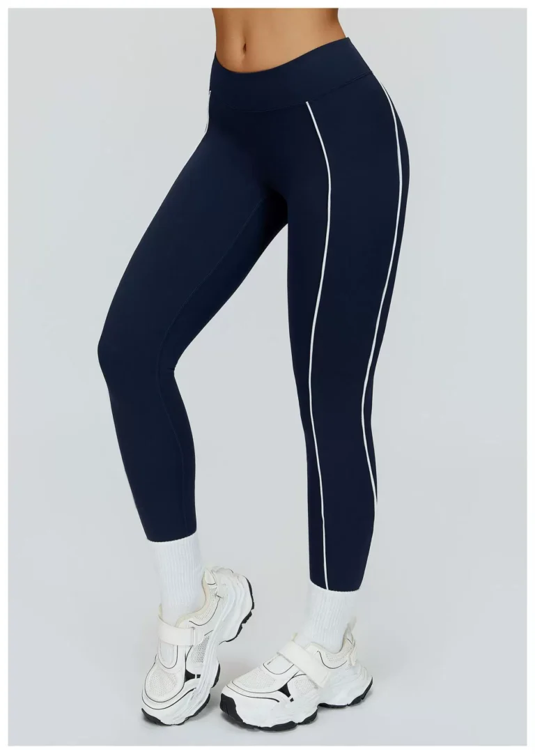 Navy Blue high-waist contrast-piping leggings front angled view