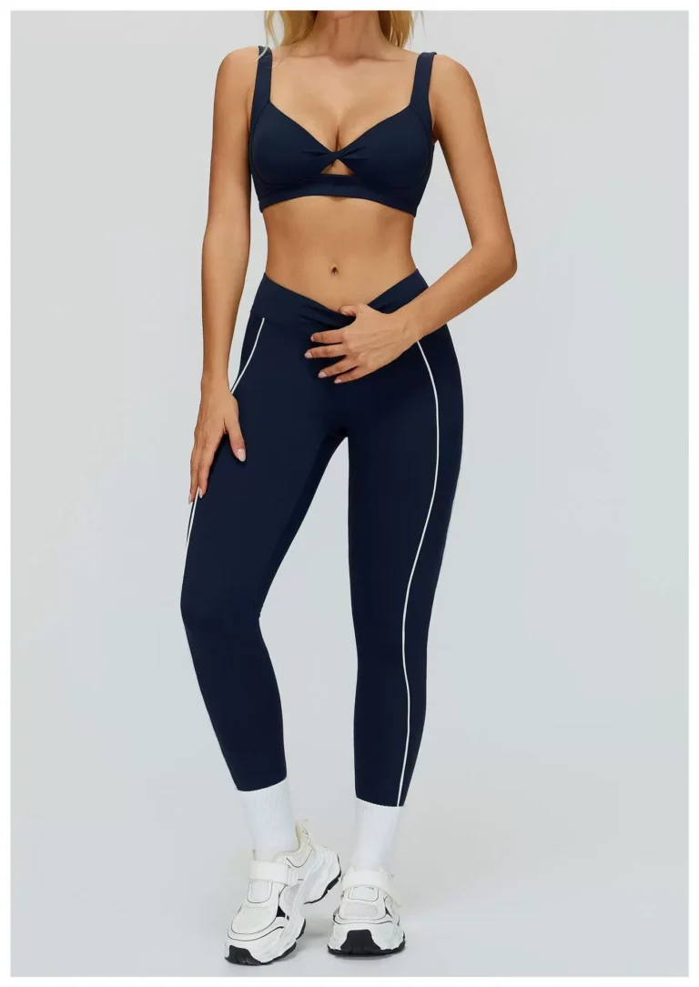 Navy Blue high-waist contrast-piping sculpting leggings full front view