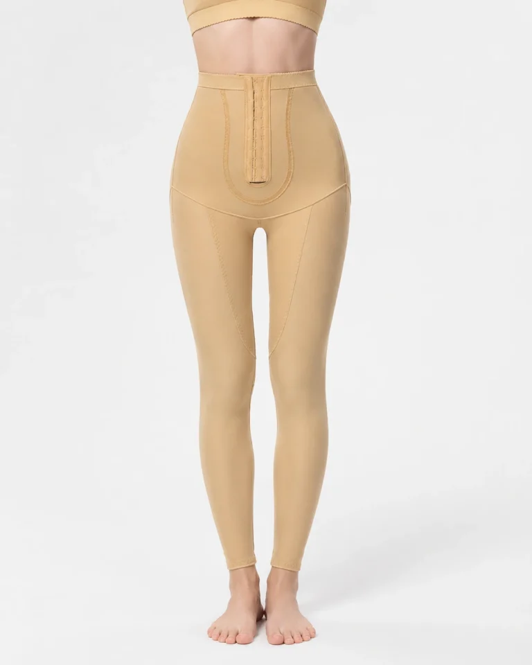 Beige post-liposuction compression leggings for thighs and abdomen front view