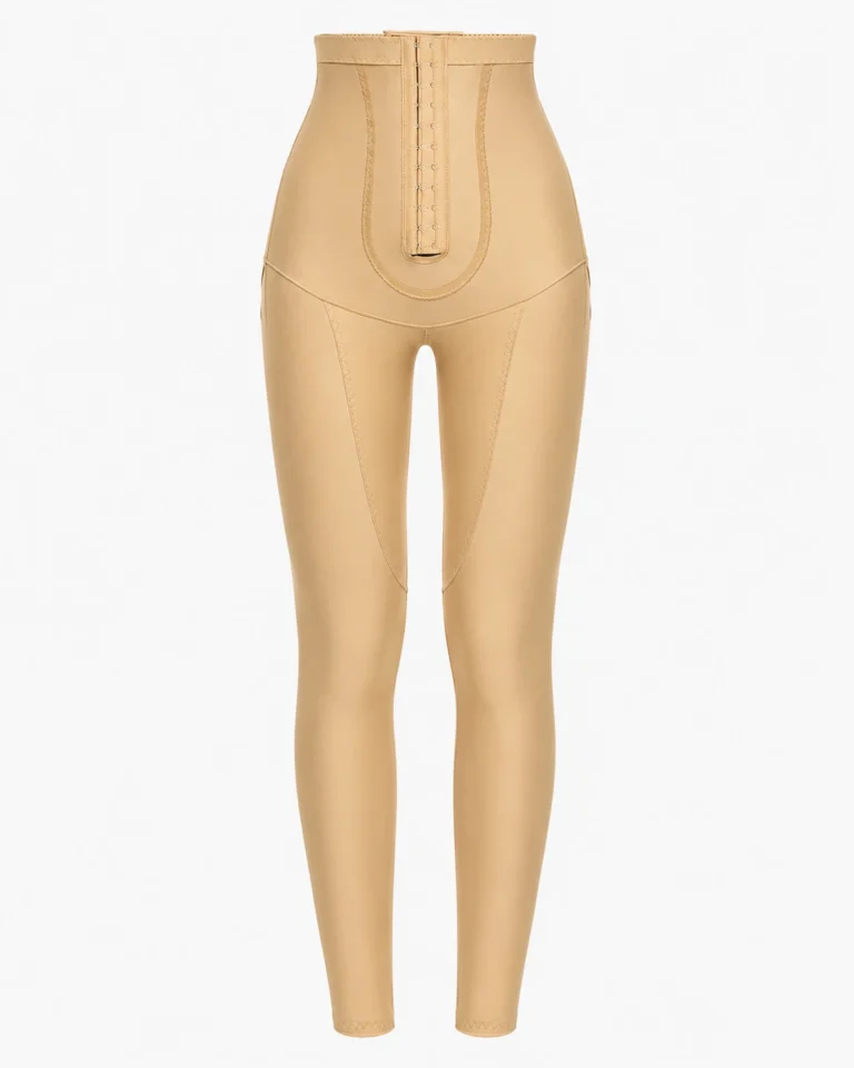 Beige full-length thigh liposuction compression leggings product front
