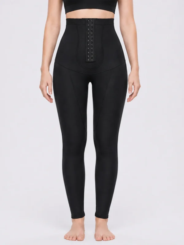Black post-liposuction compression leggings for thighs and abdomen front view