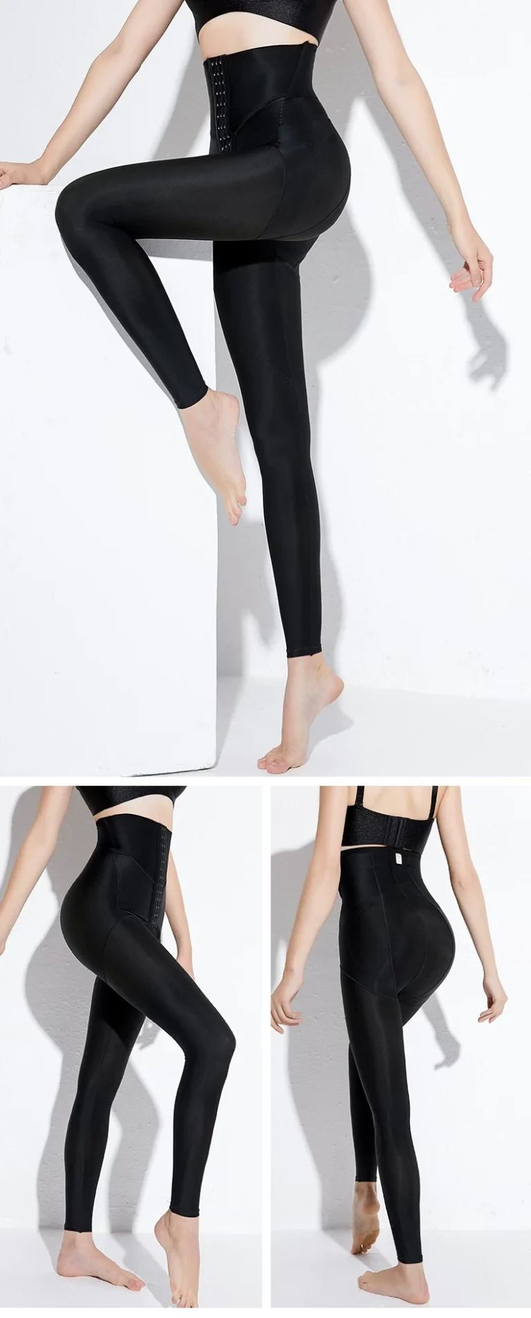 Black full-length compression leggings multiple views