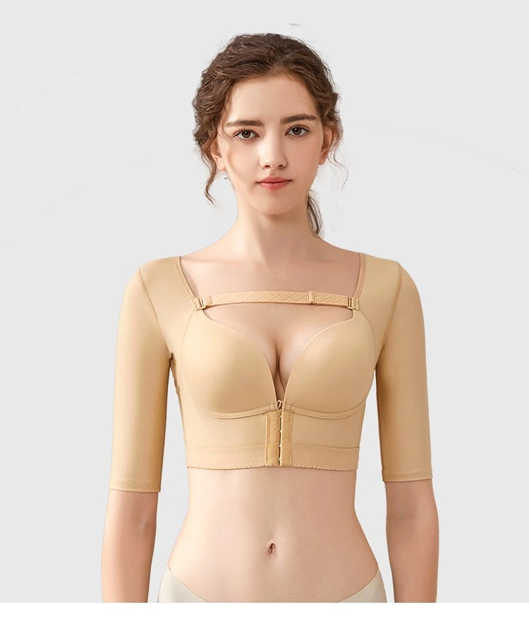 Beige built-in cup elbow-sleeve compression bra top front view