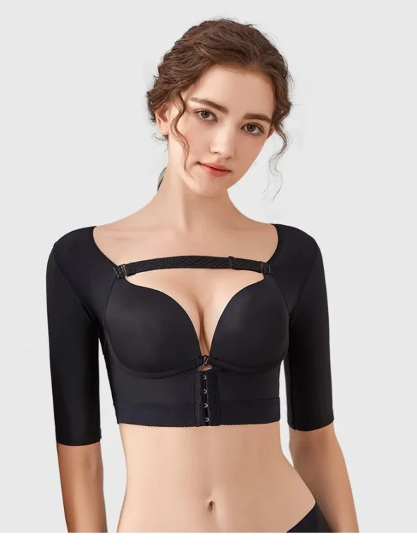 Black built-in cup elbow-sleeve compression bra top front view