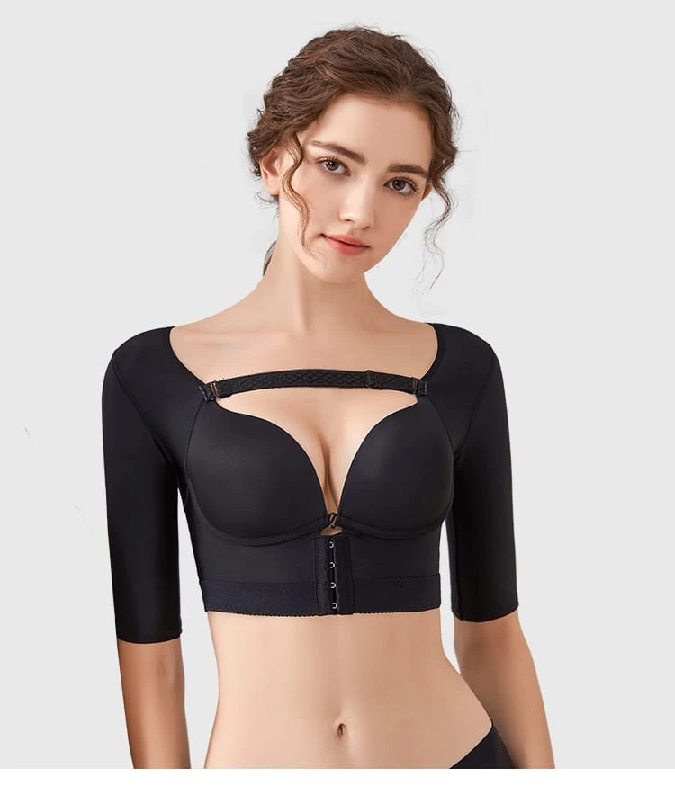 Black built-in cup elbow-sleeve compression bra top front view