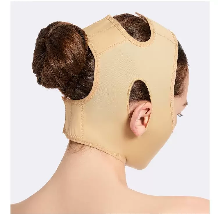 Beige open-face compression head wrap rear model view