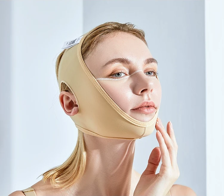Beige open-face compression head wrap side model view