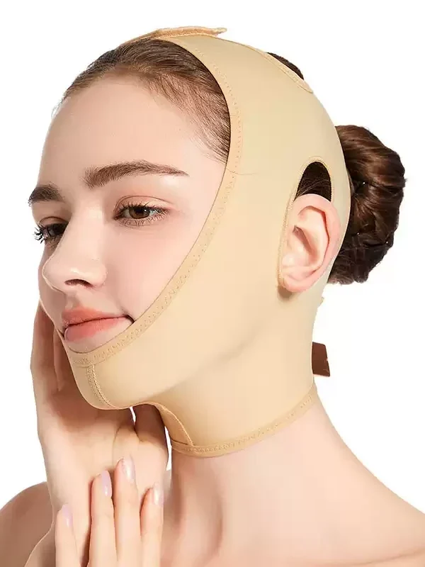 Beige open-face compression head wrap three-quarter front model view