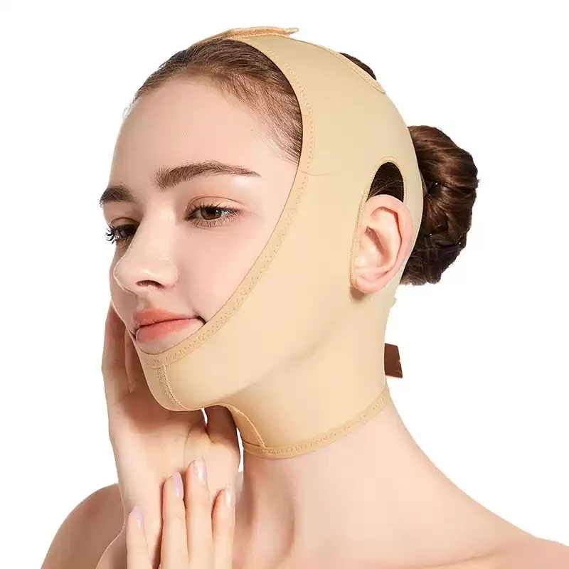 Beige open-face compression head wrap three-quarter front model view