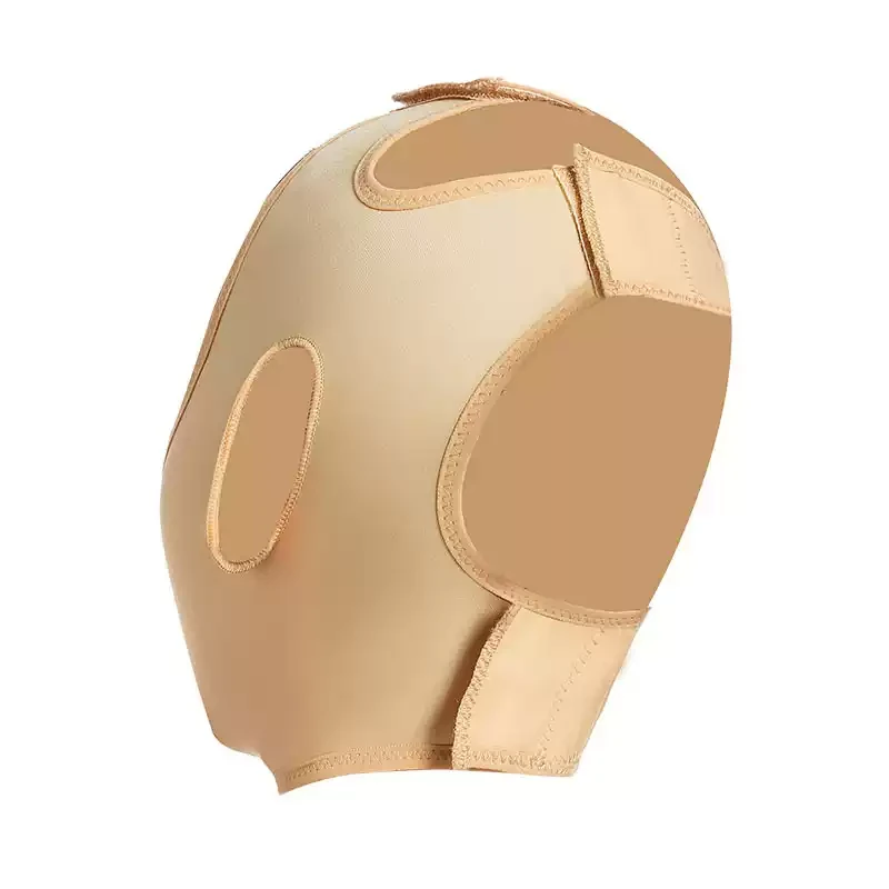 Beige open-face compression head wrap product-only side view