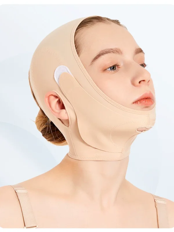 Beige full-head compression wrap three-quarter front model view