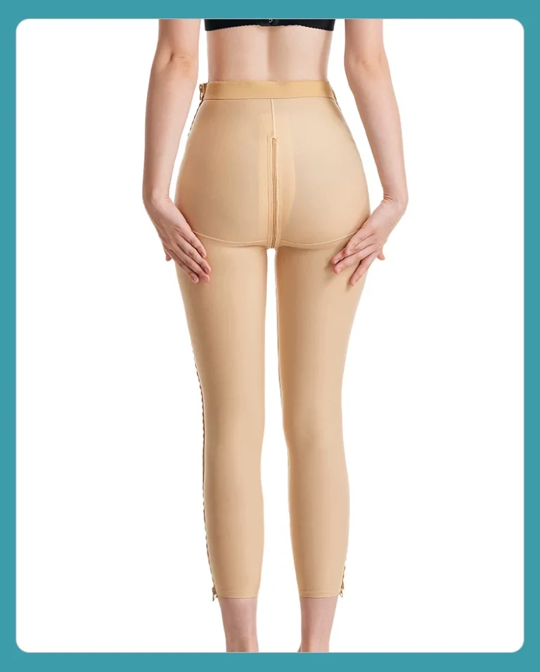 Beige high-waist Capri-length compression leggings back model view