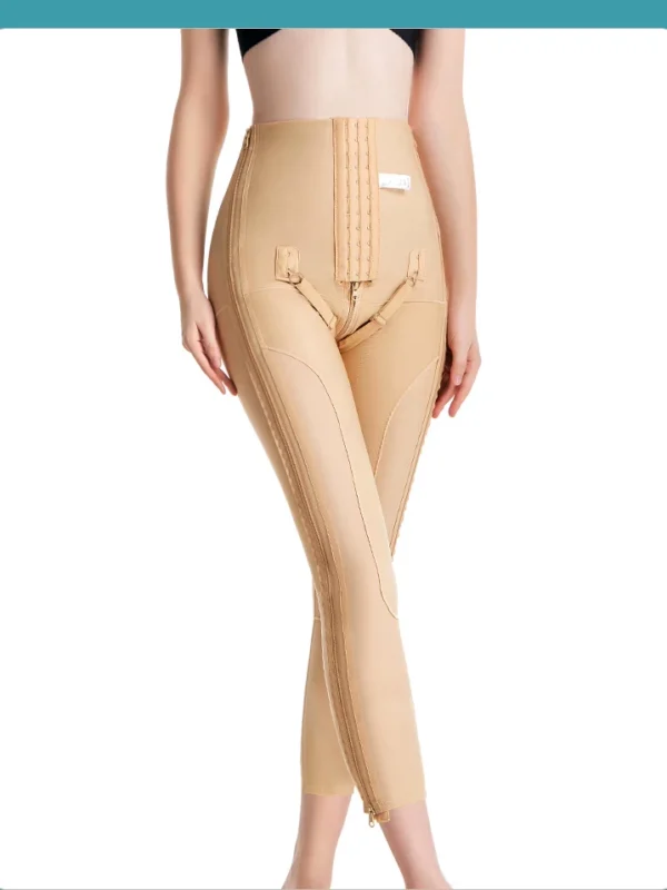 Beige high-waist Capri-length post-surgery compression leggings front model view