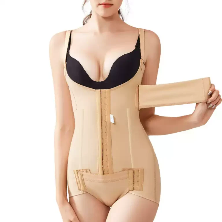 Beige compression bodysuit adjustable upper support band model view