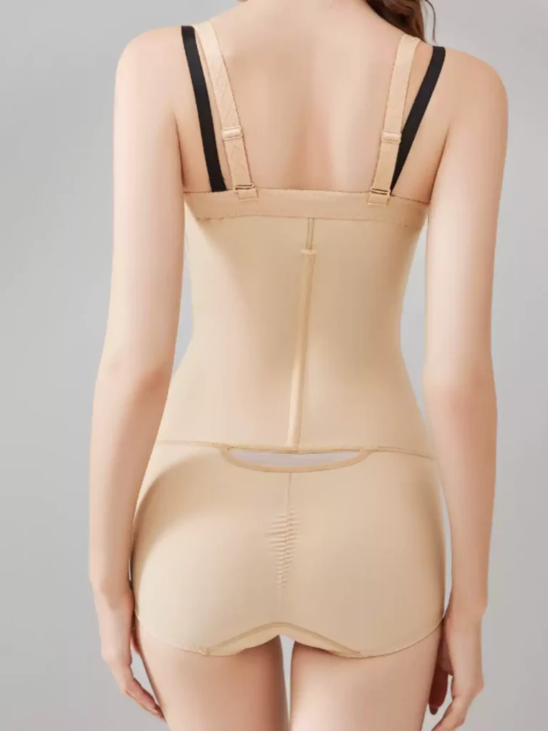 Beige open-bust compression bodysuit back model view